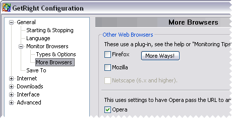 GetRight supports Opera from the More Browsers configuration page